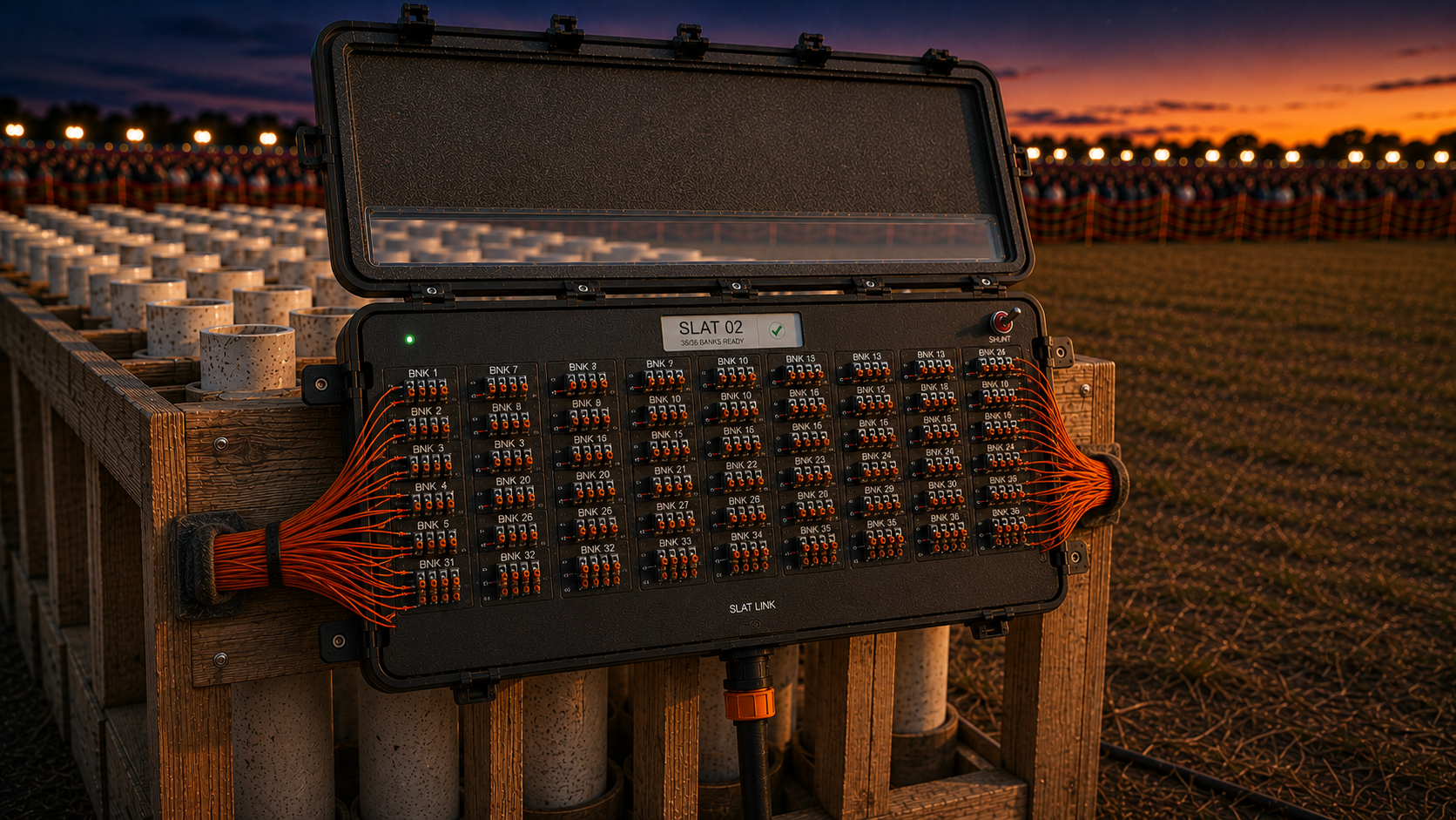 PyroNext IQ Slat 36 deployed at a 36-position rack at dusk